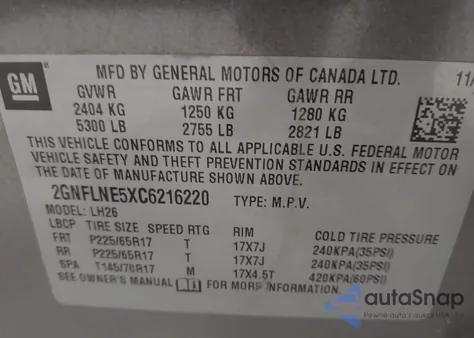 2012 Chevrolet Equinox 2Lt из США, поврежденный, VIN 2GNFLNE5XC6216220